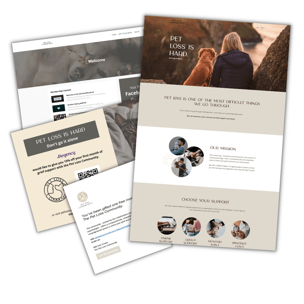 Screenshots of a gift card, website design, member dashboard, and marketing postcard that were created for client.