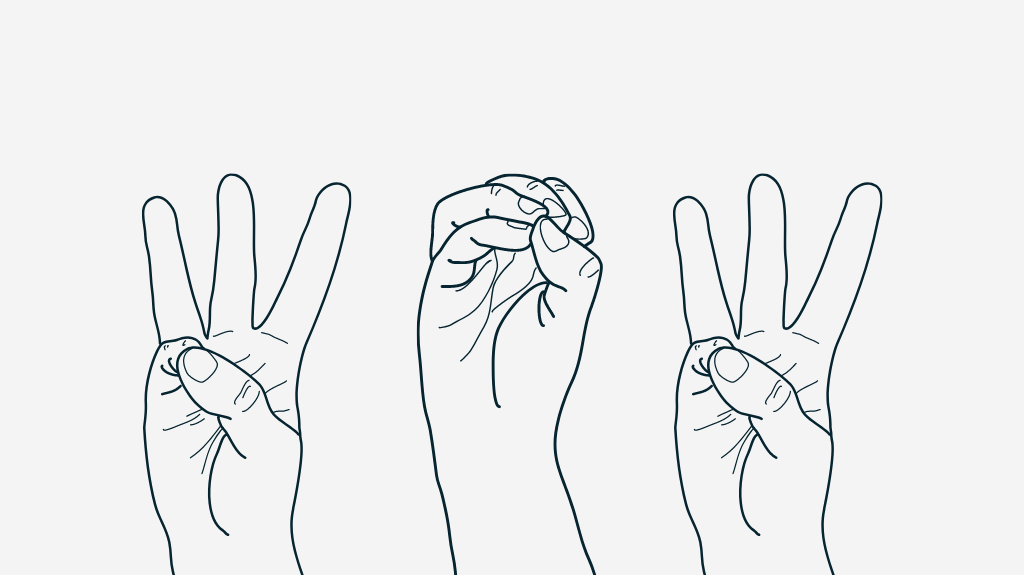 An illustration of three hands fingerspelling "wow" in ASL.